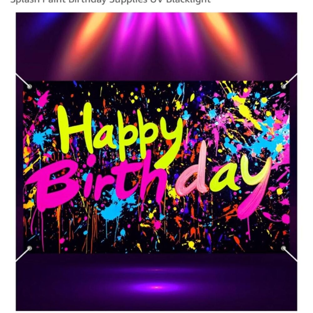 Neon Happy Birthday Banner 71x43 Graffiti Glow Party Backdrop Blacklight Decor